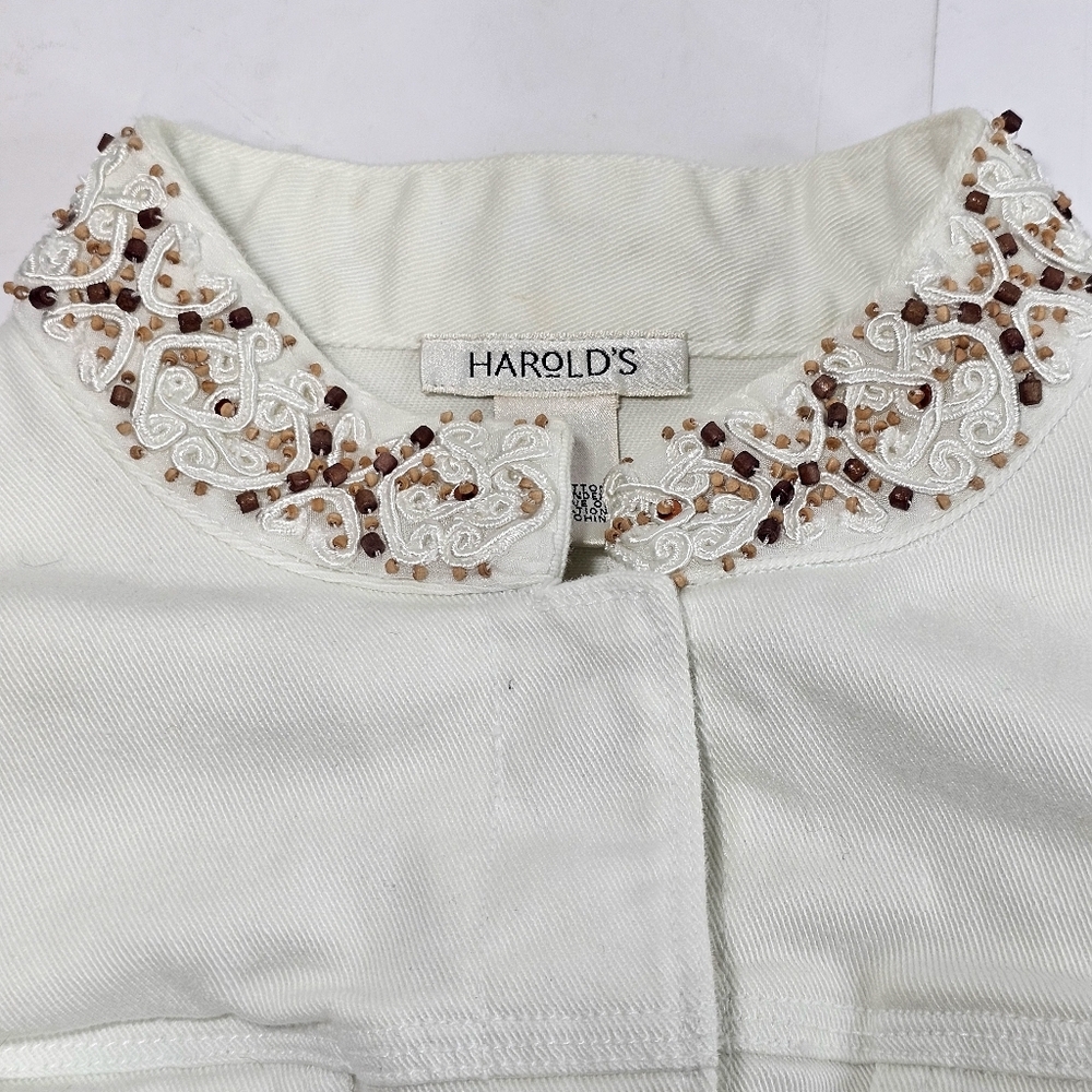 Vintage Harolds Women's White Denim Jacket with Embellished Collar - Picture 8 of 9